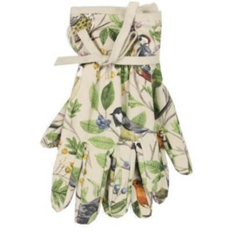 Cotton gardening gloves with a lovely bird and tree pattern printed on  By the designer Gisela Graham who designs really beautiful gifts for your garden and home. (LxWxD) 14x24cm